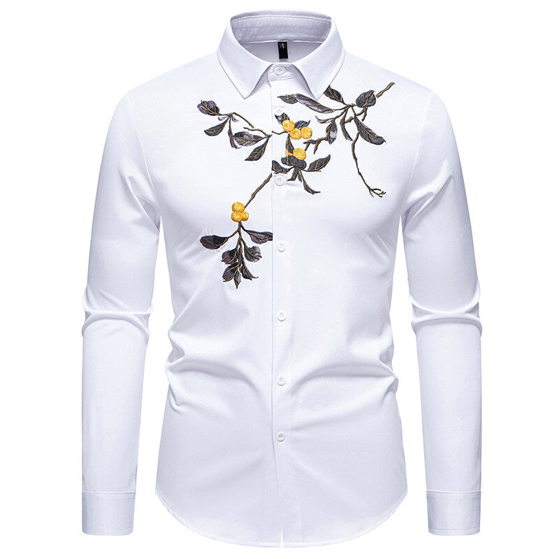 Herren elegantes Langarmhemd mit floraler Stickerei