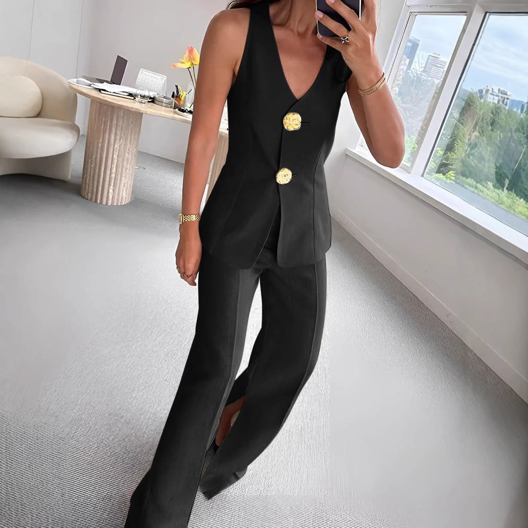 Damen elegantes Jumpsuit mit vordere Knopfleiste und weitem Bein R&B