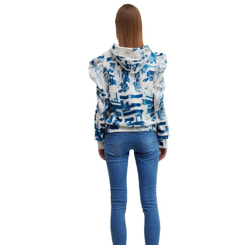 Damen Kapuzenpullover mit modischem Rüschendesign und kreativem Druck R&B