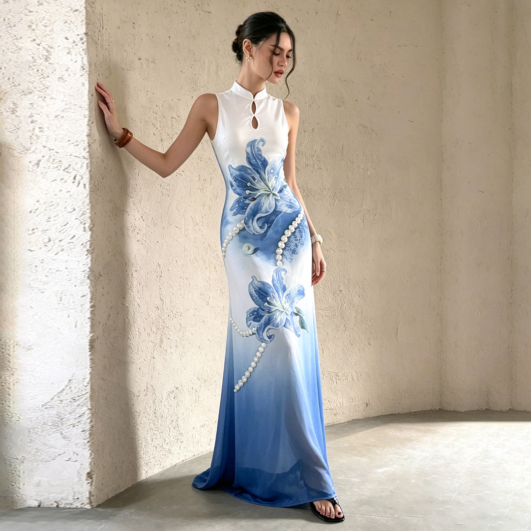 Damen Maxikleid mit floralem Design und elegantem Kragen R&B