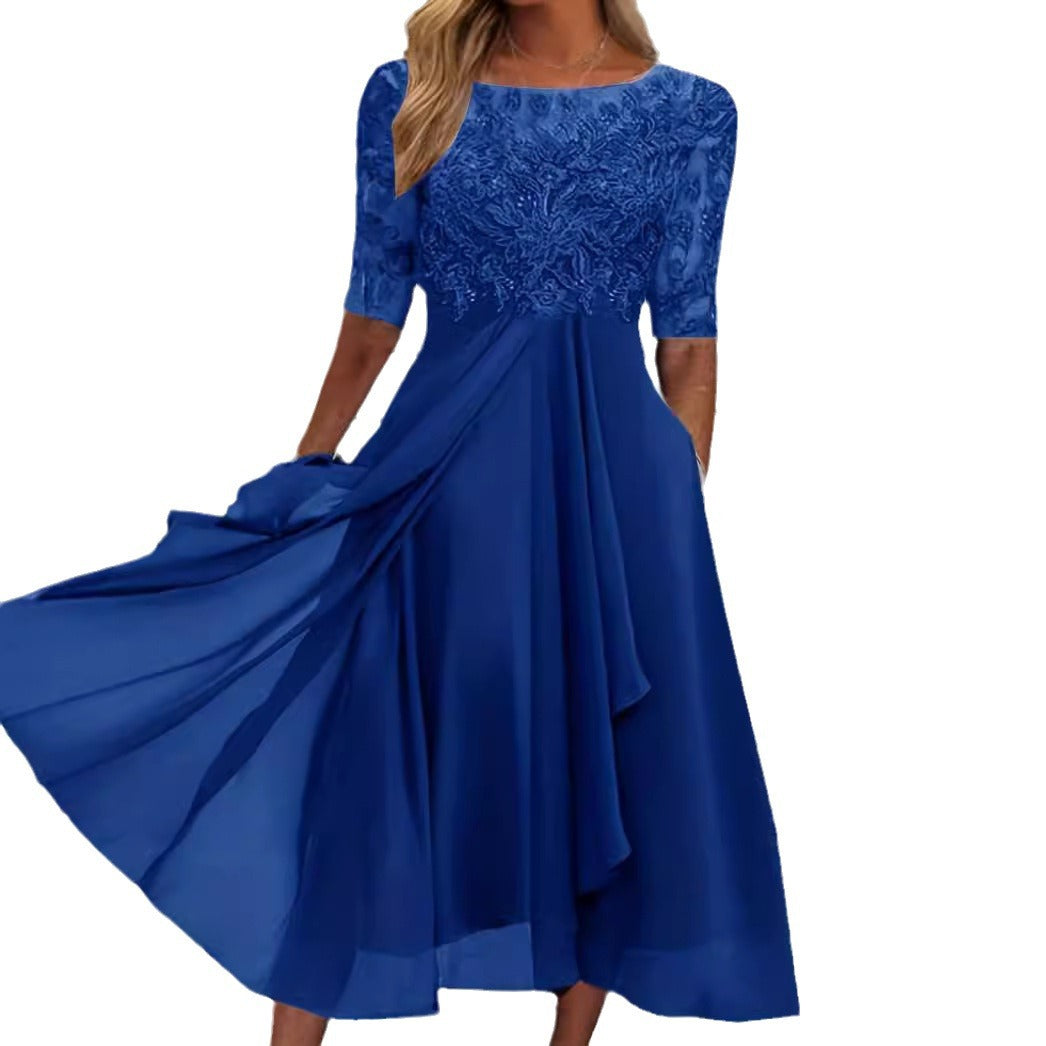 Damen nan elegantes Cocktailkleid mit bestickter Korsage, U-Boot-Ausschnitt und fließendem Chiffonrock R&B