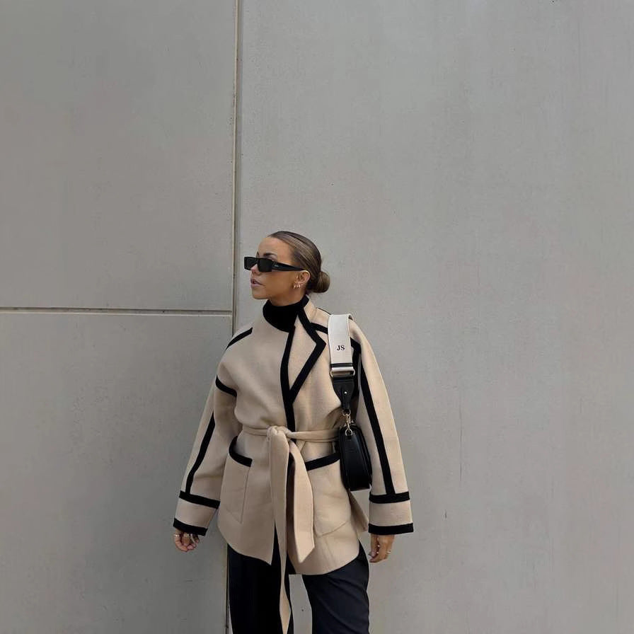 Damen elegante Blazerjacke mit Taillengürtel und Kontrastnähten R&B