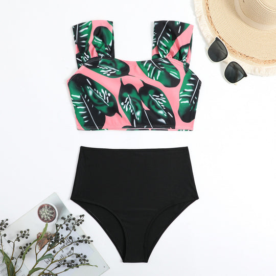 Damen Hochgeschnittener Bikini mit modischem Streifenmuster und floralem Unterteil R&B