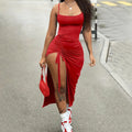 Damen figurbetontes Maxikleid mit seitlichen Rüschendetails und tiefem Schlitz R&B