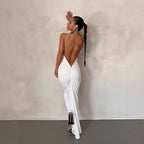 Damen elegantes Maxikleid mit tiefem V-Ausschnitt und zarten Spaghetti-Trägern EB