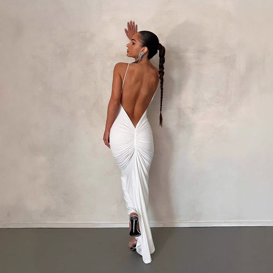 Damen elegantes Maxikleid mit tiefem V-Ausschnitt und zarten Spaghetti-Trägern R&B