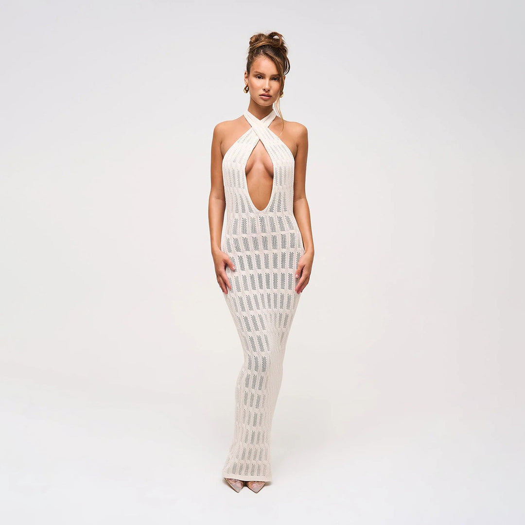 Damen trendiges Netzkleid mit Bindegürtel R&B