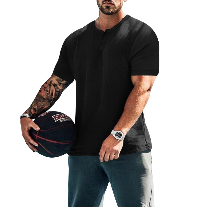 Herren lässiges Kurzarm-Henley-Shirt mit hochwertigem Baumwoll-Mix und praktischem Knopfdesign R&B