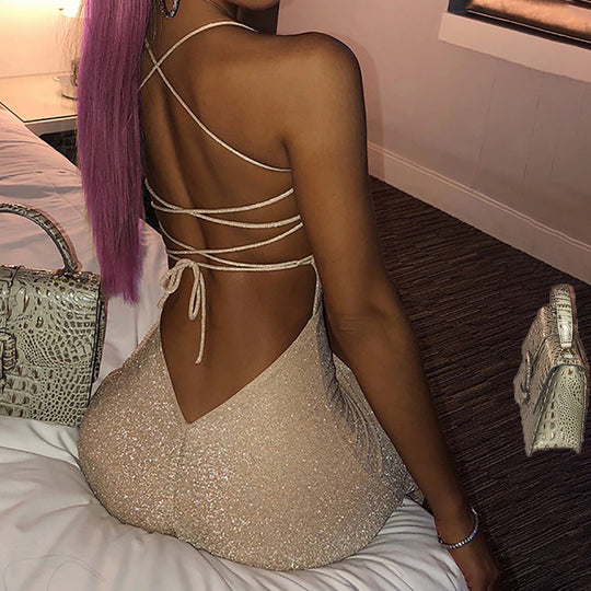 Damen Glitzerndes Abendkleid mit verführerischem V-Ausschnitt und schwingendem Saum R&B