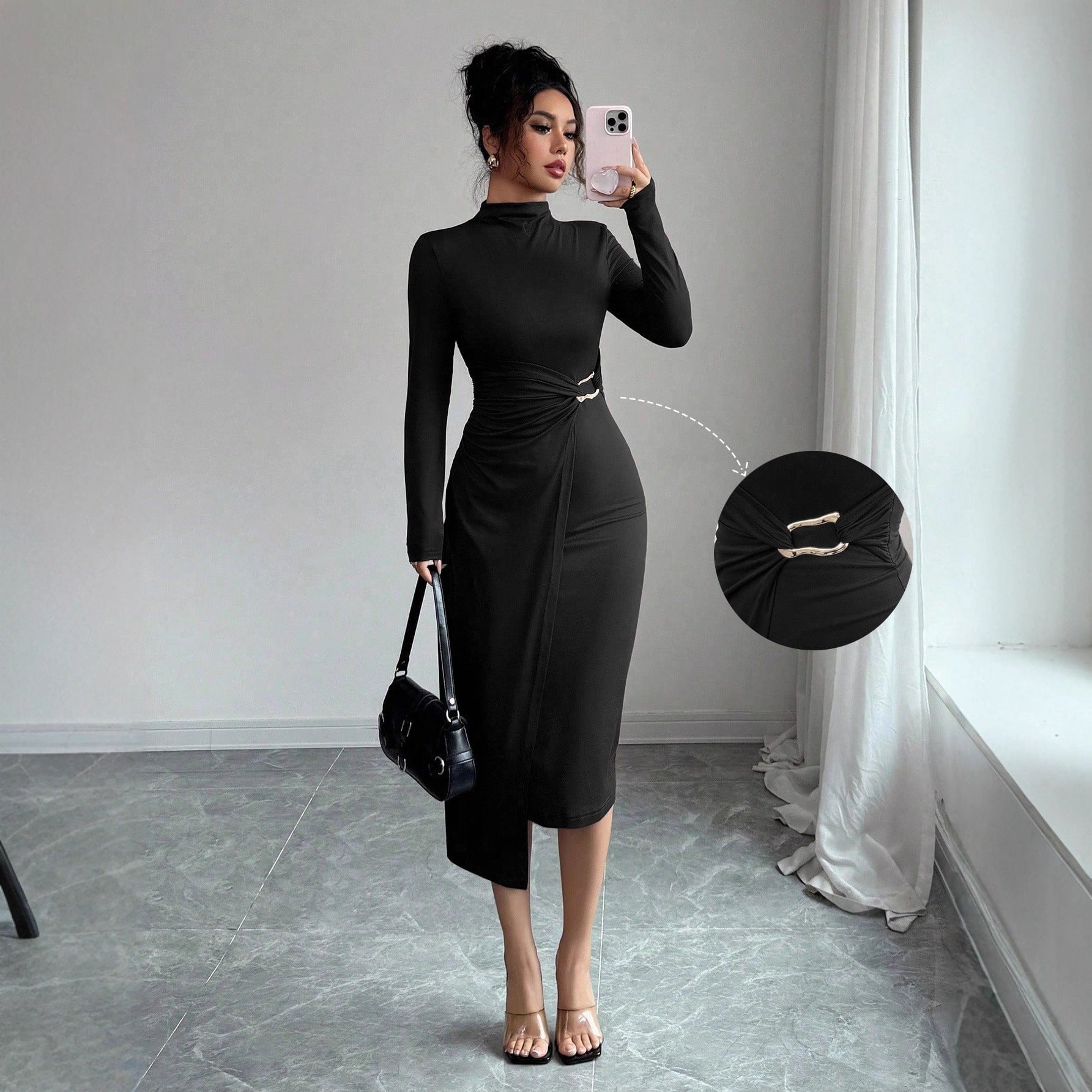 Damen nan figurbetontes Midikleid mit Stehkragen, Taillenraffung und asymmetrischem Saum R&B