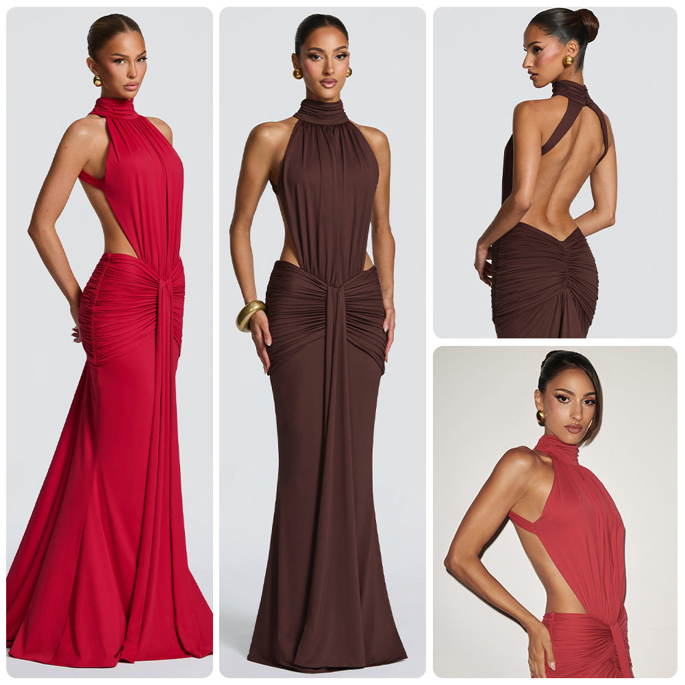 Damen Elegantes Maxikleid mit schickem Halterdesign und raffiniertem Drapierungselement EB