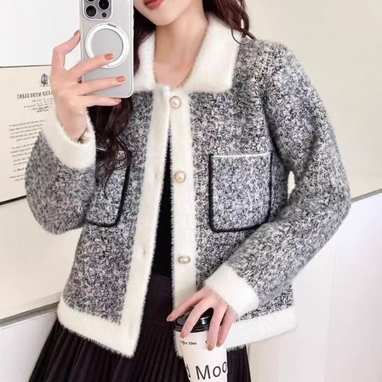 Damen Flauschige Strickjacke mit kontrastierenden Taschen und Kragen R&B