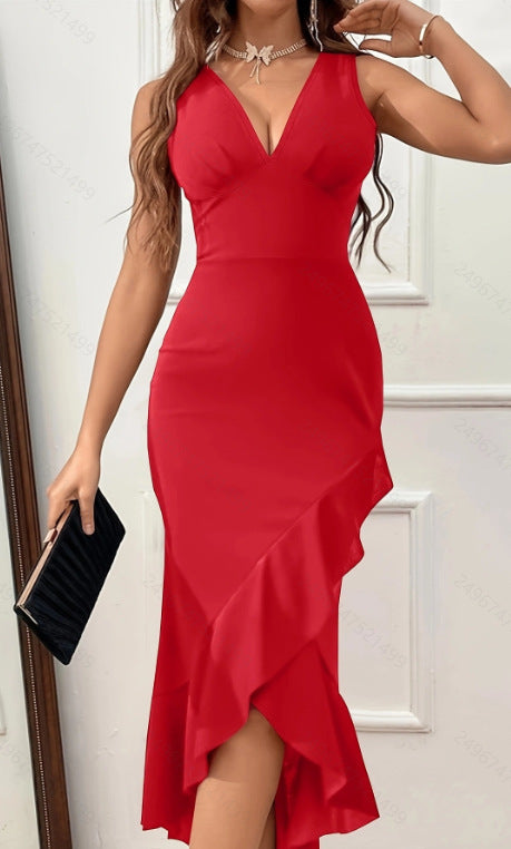 Damen Wickelkleid mit V-Ausschnitt und asymmetrischem Saum R&B