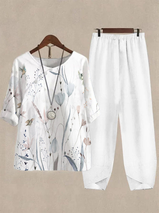 Damen Freizeit Oberteil mit floralem Muster und bequemer Hose R&B