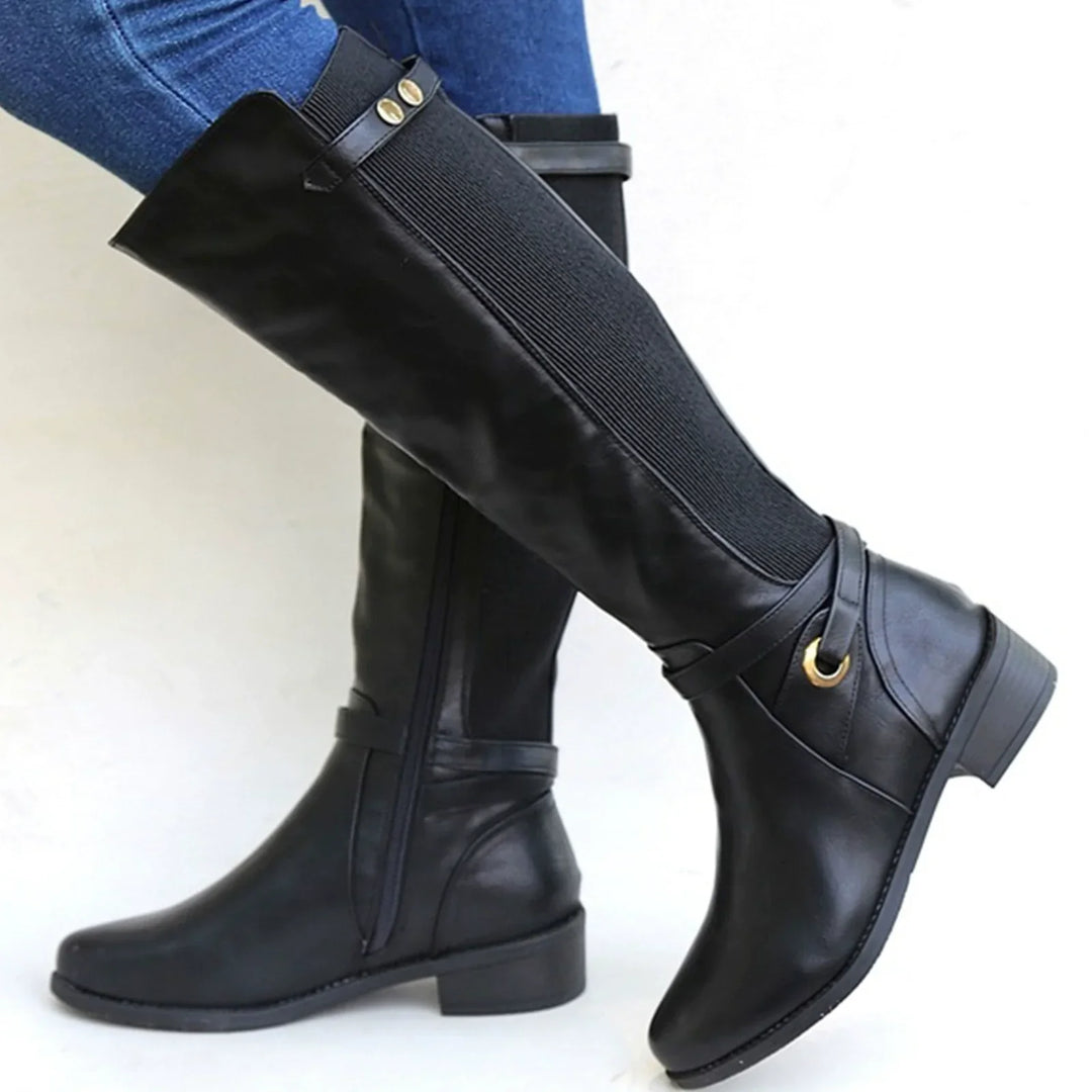 R&B | Knielange Stiefel – Slim Fit – Elastisches Panel – Niedriger Blockabsatz – Schnallenriemen