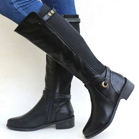 R&B | Knielange Stiefel – Slim Fit – Elastisches Panel – Niedriger Blockabsatz – Schnallenriemen