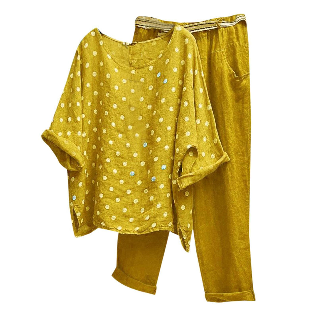Damen nan komfortables Leinen-Freizeitset mit weiter Tunika, Pünktchenmuster und elastischer Bundhose R&B