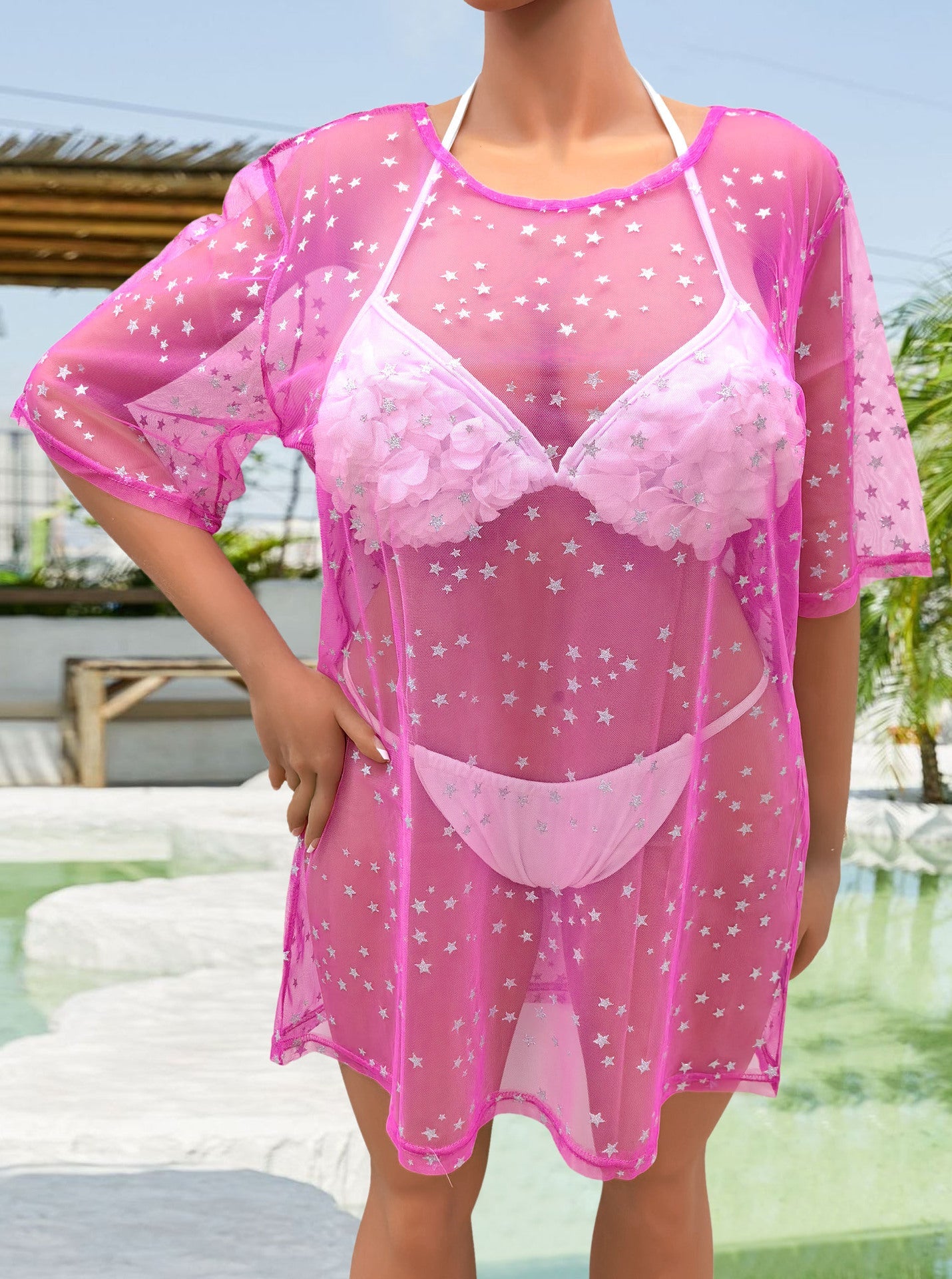 Damen transparenter Strandüberwurf mit funkelnden Sternen R&B
