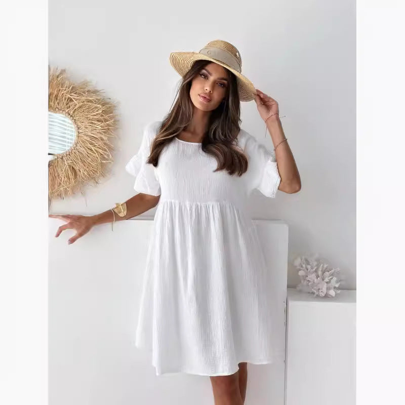 Damen lässiges Sommerkleid mit elastischem Taillenzug und kurzen Ärmeln R&B