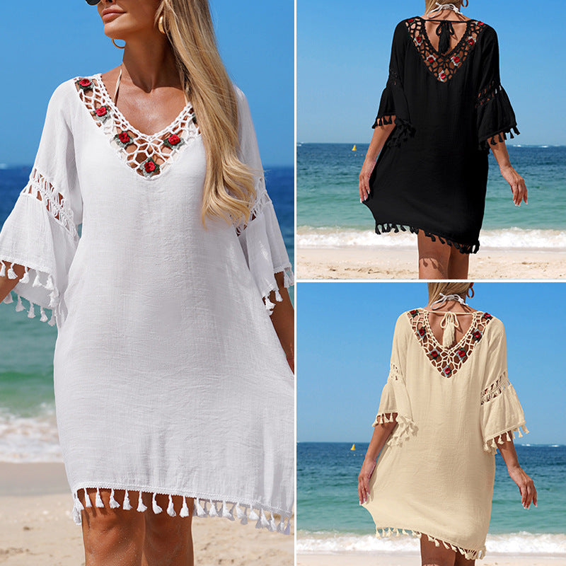 Damen Häkel-Strandkleid mit eleganter Stickerei und Fransen R&B
