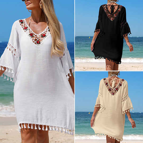 Damen Häkel-Strandkleid mit eleganter Stickerei und Fransen R&B