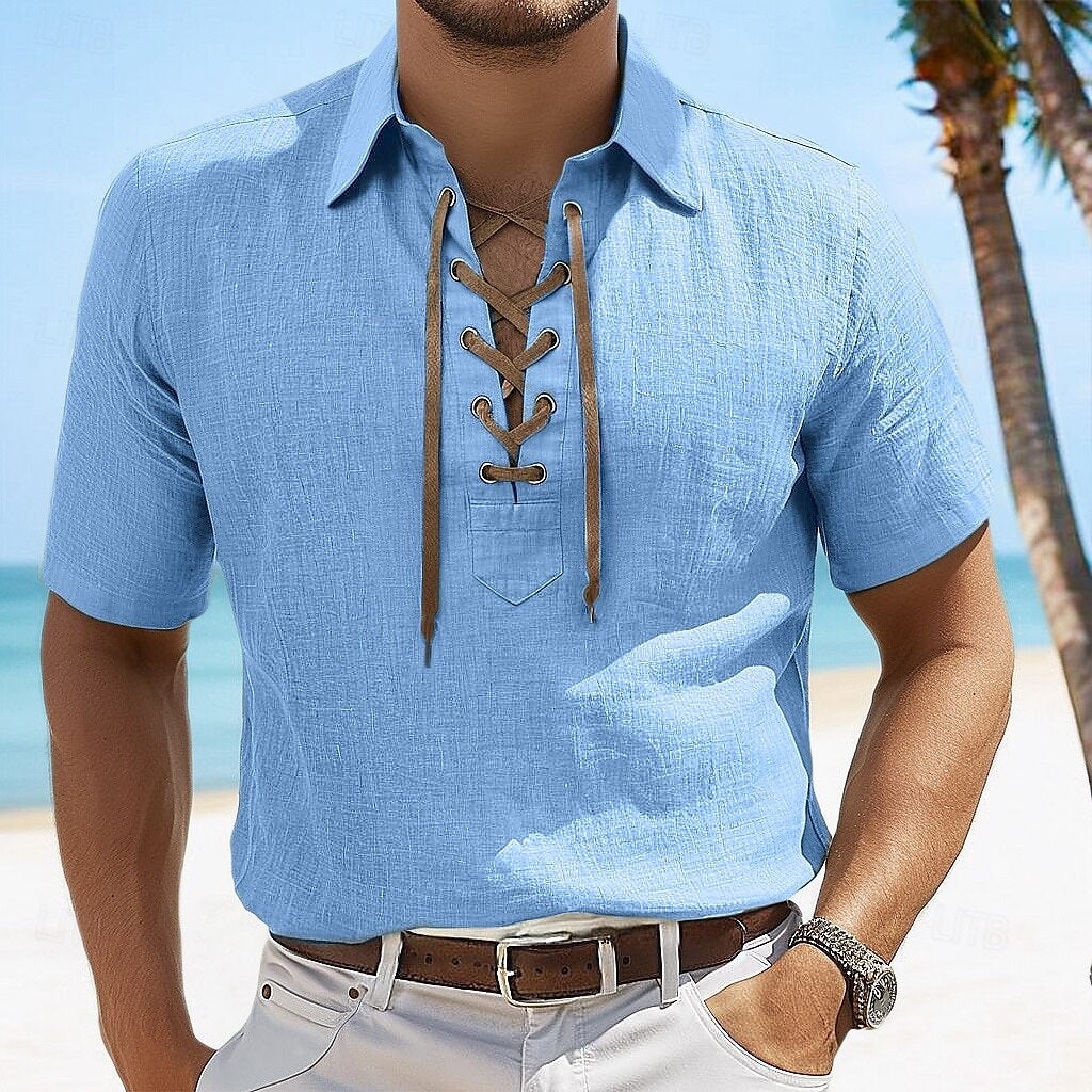 R&B | Leinen Revers Tether V-Ausschnitt Kurzarm-Shirt
