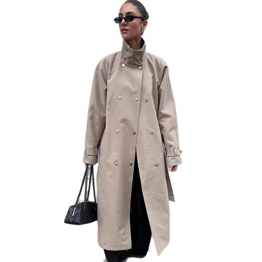 Damen elegante Trenchcoatjacke mit hohem Kragen R&B