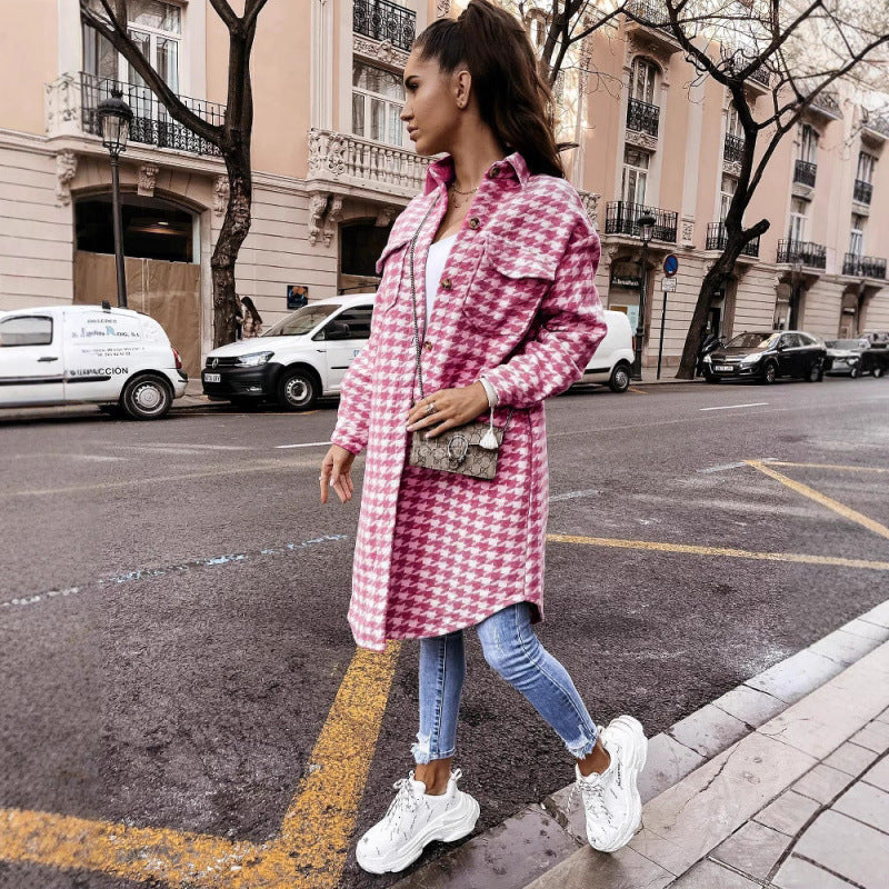 Damen Hahnentritt-Muster Oversized Hemdjacke R&B