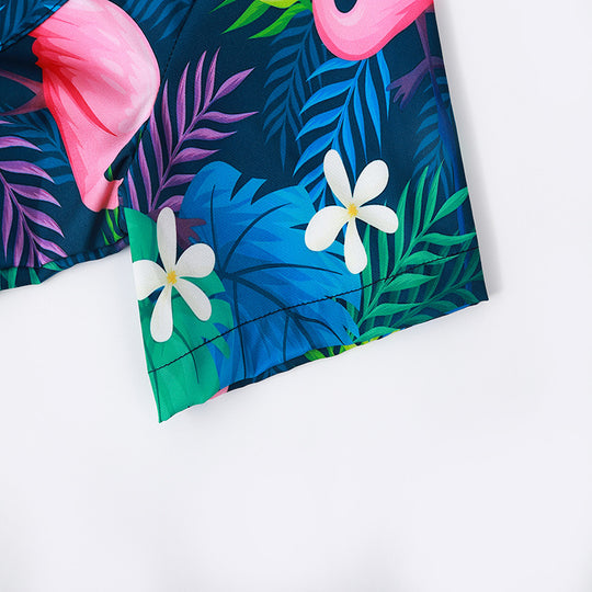Herren Kurzarmhemd mit lebendigem Flamingo-Muster und atmungsaktiver Baumwolle R&B
