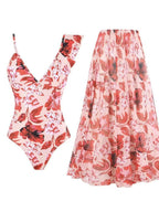 Damen Badeanzug mit floralem Design und passendem Rock R&B