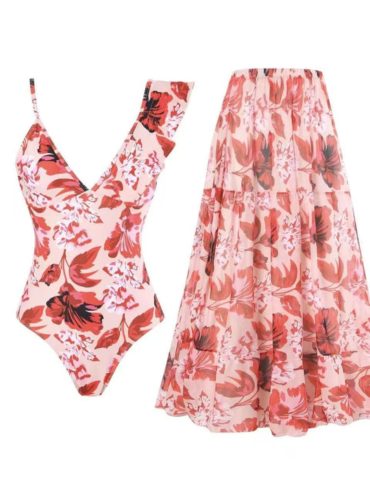 Damen Badeanzug mit floralem Design und passendem Rock R&B