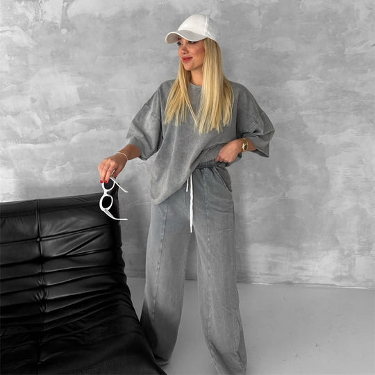Damen lässiges Baumwoll-Set mit weitem Schnitt und elastischem Bund R&B