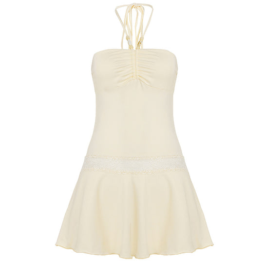 Damen stilvolles Badeoutfit mit gerafftem Oberteil und Spitzenbesatz R&B