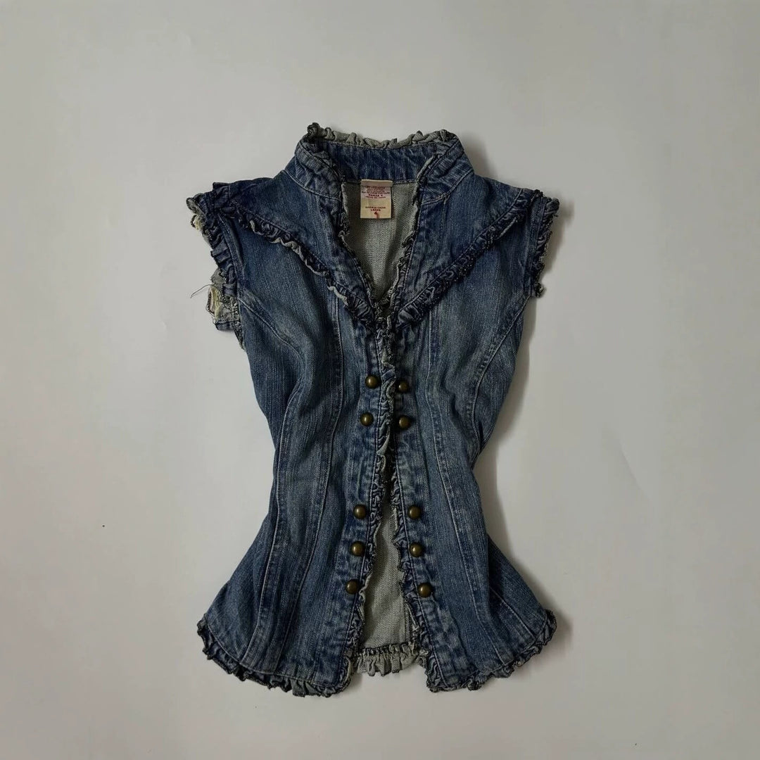 Damen Denim-Weste mit verspieltem Rüschendesign R&B