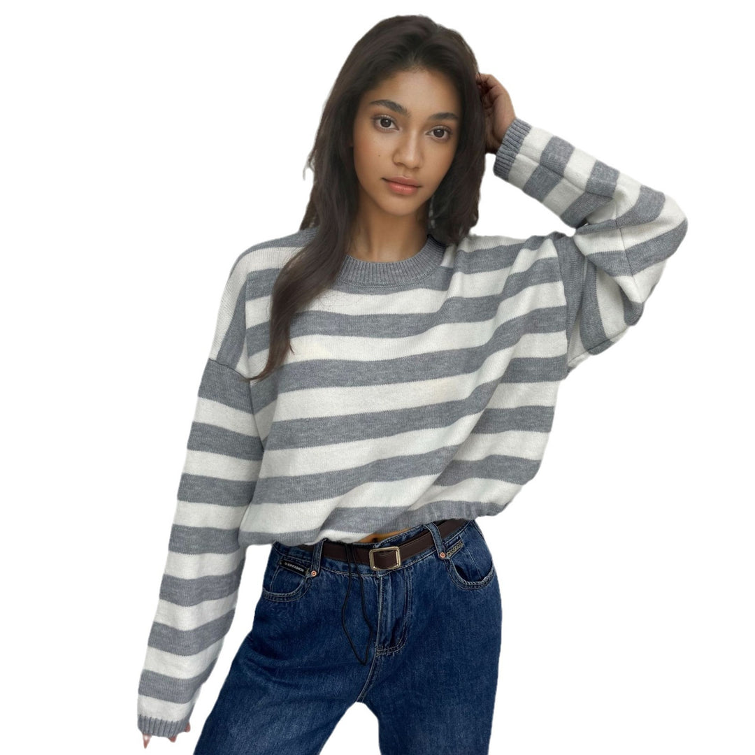 Damen lässiger Streifenpullover mit weitem Schnitt und Kordelzug R&B