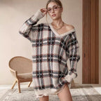 Damen Grobstrickpullover im modischen Karomuster R&B