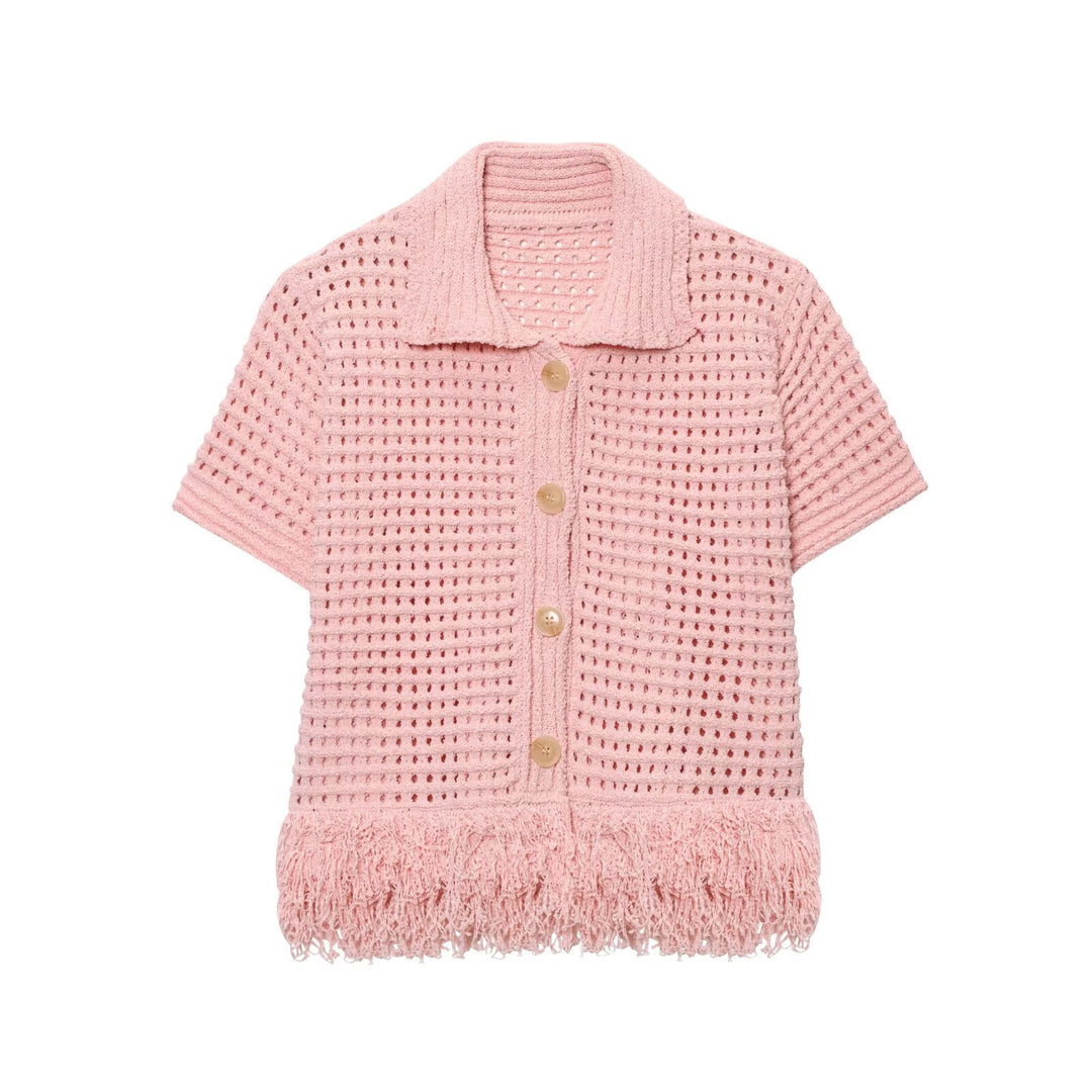 Damen Kurzarm-Strickjacke mit fransigem Saum und dekorativen Knöpfen R&B
