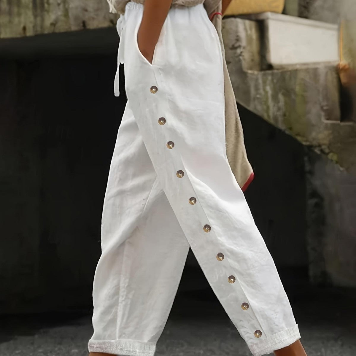 Damen Modische Palazzo-Hose mit Knopfdetails und elastischem Bund R&B