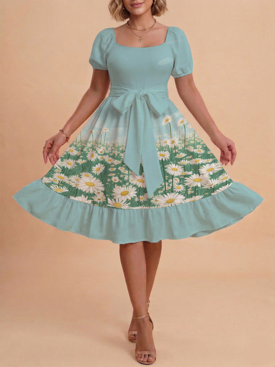 Damen Sommerliches Blumenkleid mit taillierbarem Gürtel und voluminösen Ärmeln R&B
