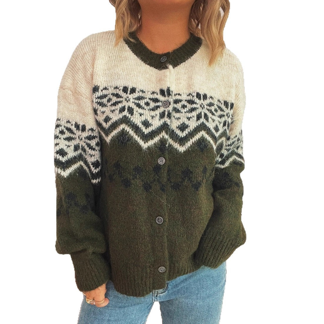 Damen kuschelige Strickjacke mit großem Muster und hochwertiger Verarbeitung R&B