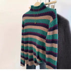 Damen Rippstrickpullover mit hohem Kragen und modischem Streifenmuster R&B