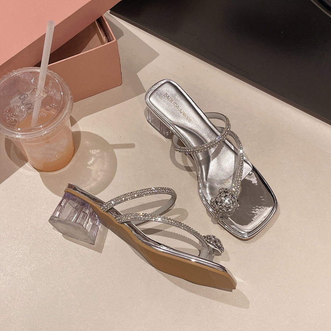 Damen Glitzernde High-Heels mit kunstvollen Verzierungen und transparentem Blockabsatz R&B