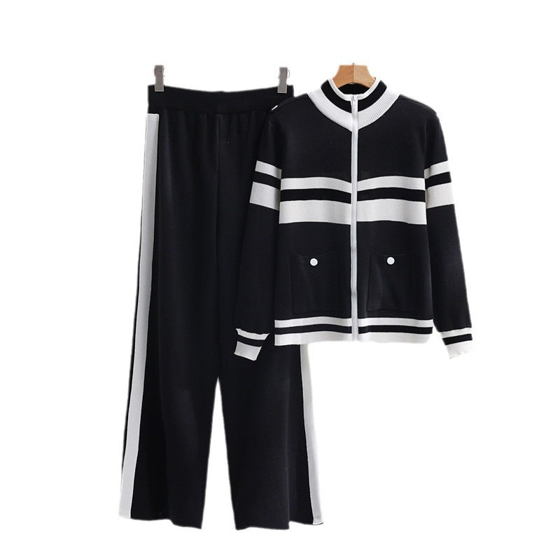 Damen sportliches Strick-Loungewear-Set mit geripptem Design und praktischen Taschen R&B