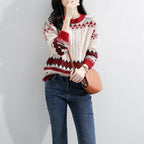 Damen Grob gestrickter Pullover mit geometrischem Muster und Rundhalsausschnitt