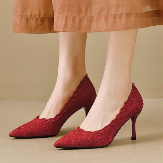 Damen elegante High Heel Schuhe mit raffiniertem Spitzenmuster R&B