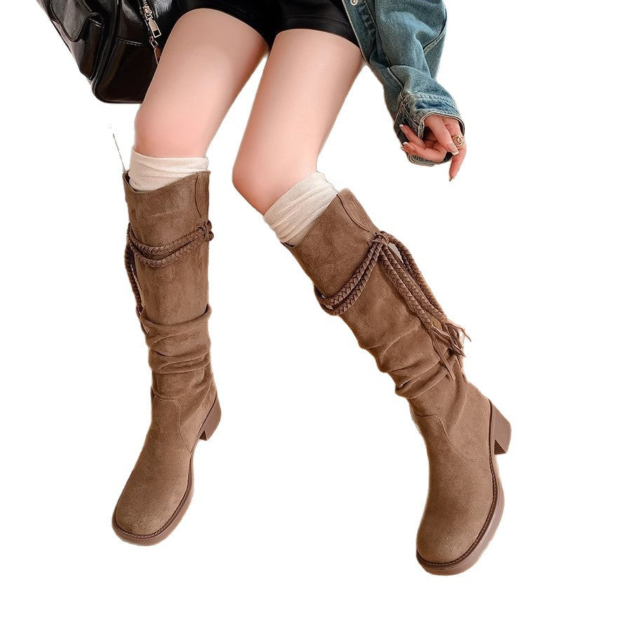 Damen Overknee-Stiefel mit geflochtenen Details und elegantem Falten-Design