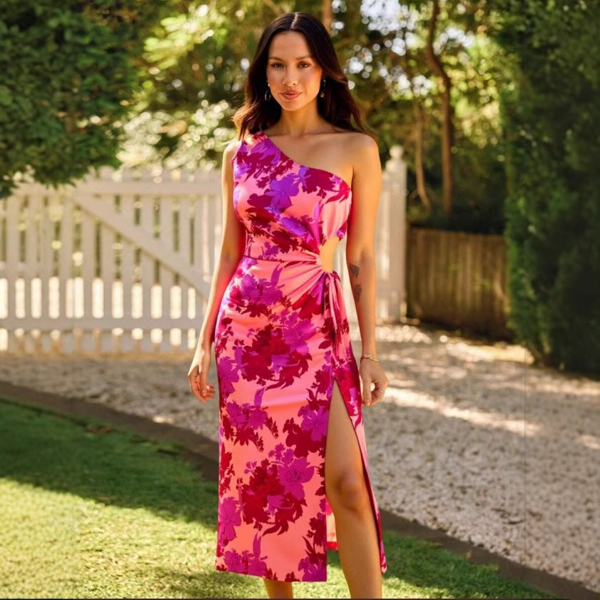 Damen elegantes asymmetrisches Kleid mit seitlichem Schlitz und Bindeband R&B