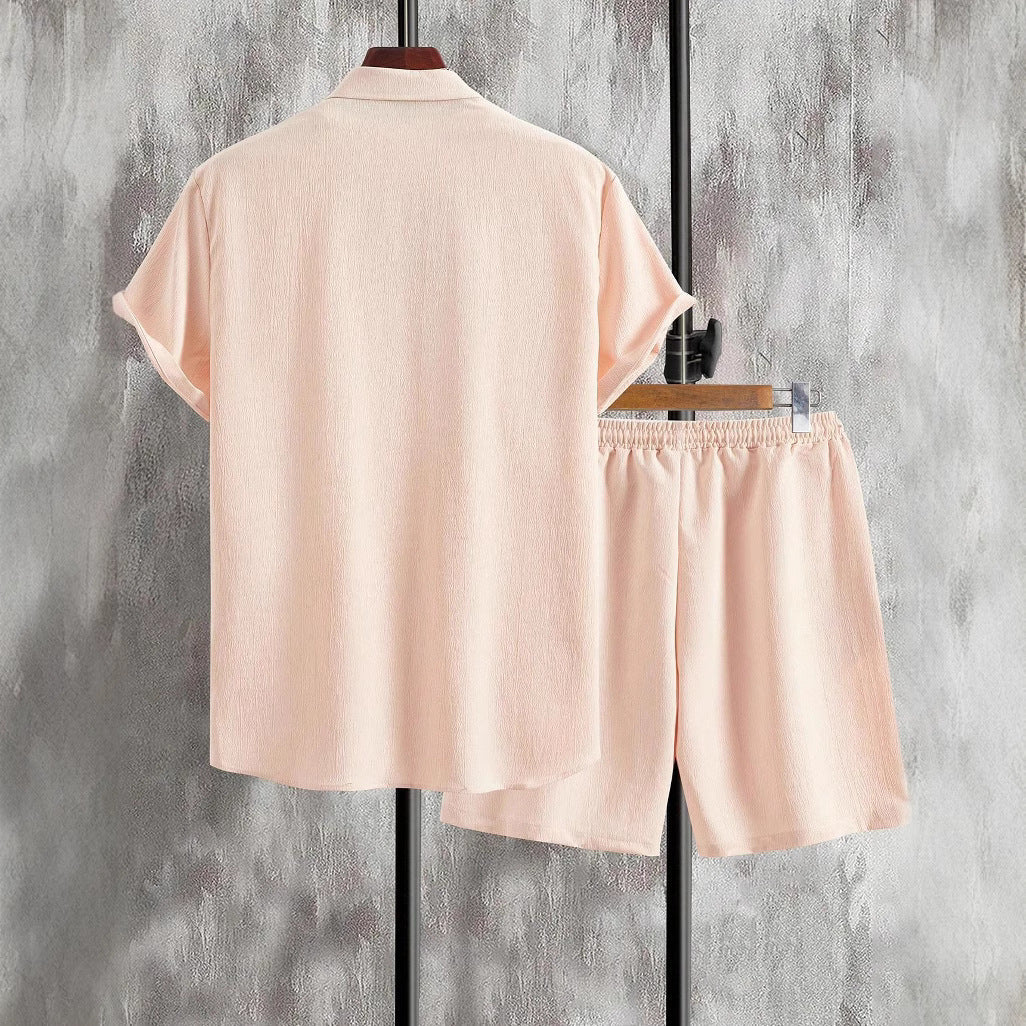 Herren lässiges Shorts-Set mit knöpfbarem Oberteil und elastischem Bund