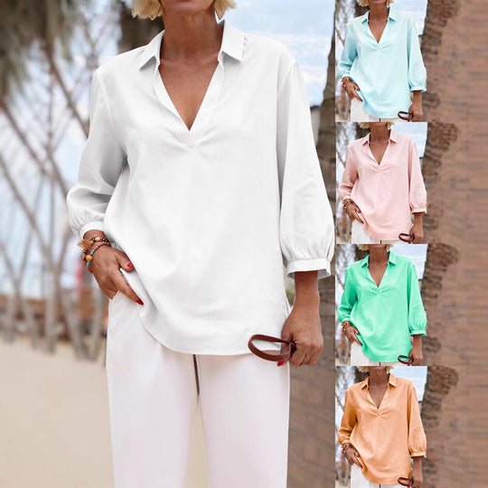 Damen Bluse mit lässigem V-Ausschnitt und elastischen Ärmeln R&B