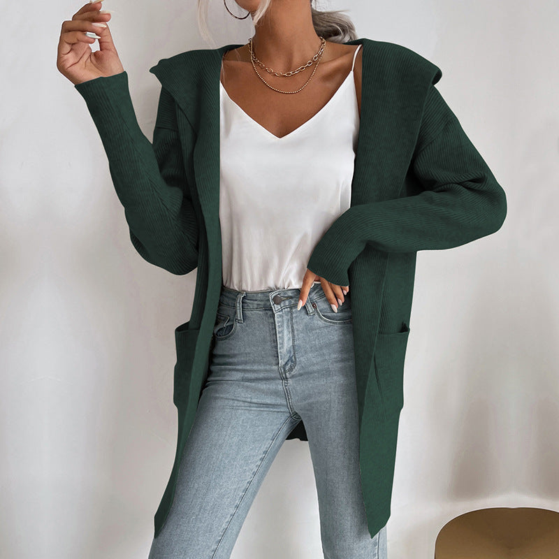 Damen Langärmlige Strickjacke mit Kapuze und seitlichen Taschen R&B